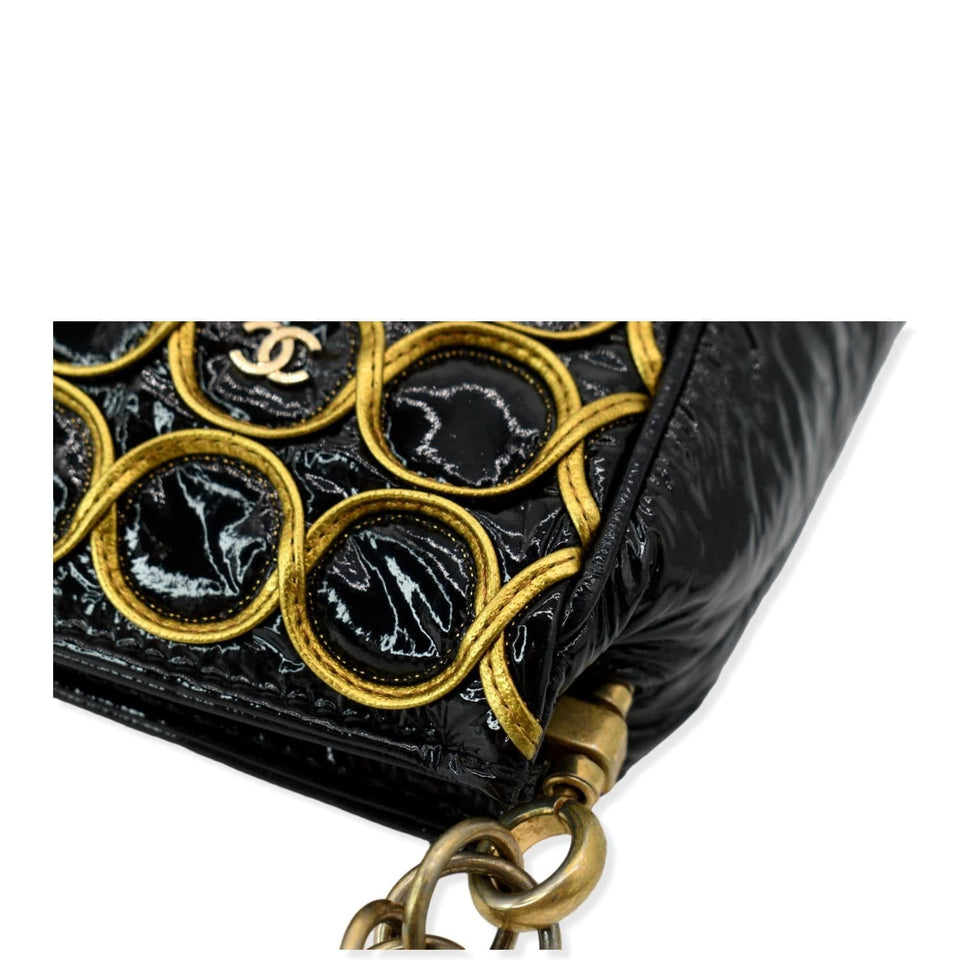 Chanel CC Embroidered Patent Quilted Chain Clutch Bag Black/Gold