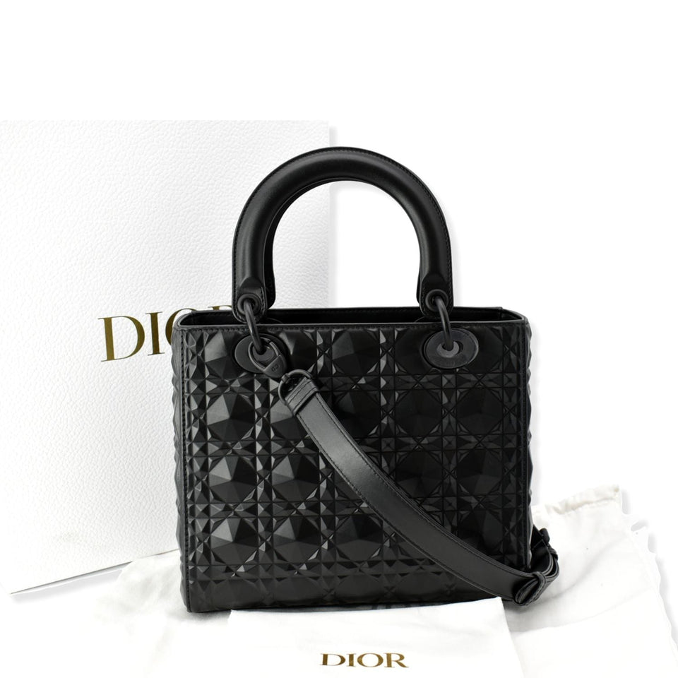 Christian Dior Medium Black Lady Dior Cannage Calfskin Shoulder Bag Black