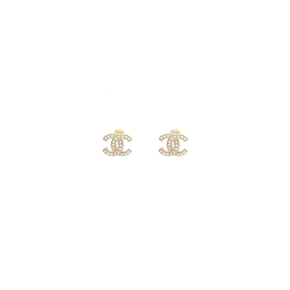 Chanel Classic CC Logo earrings Crystal Light Gold Tone