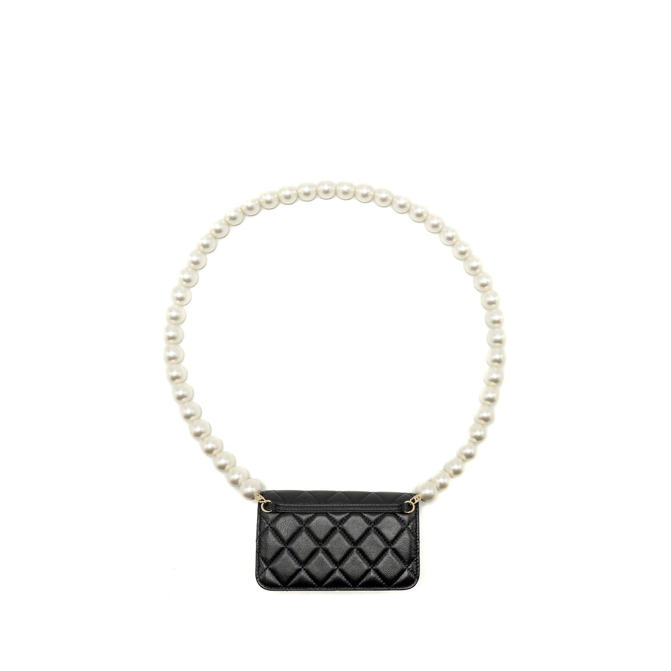 Chanel CC Logo Clutch with Giant Pearl Chain Lambskin Black L