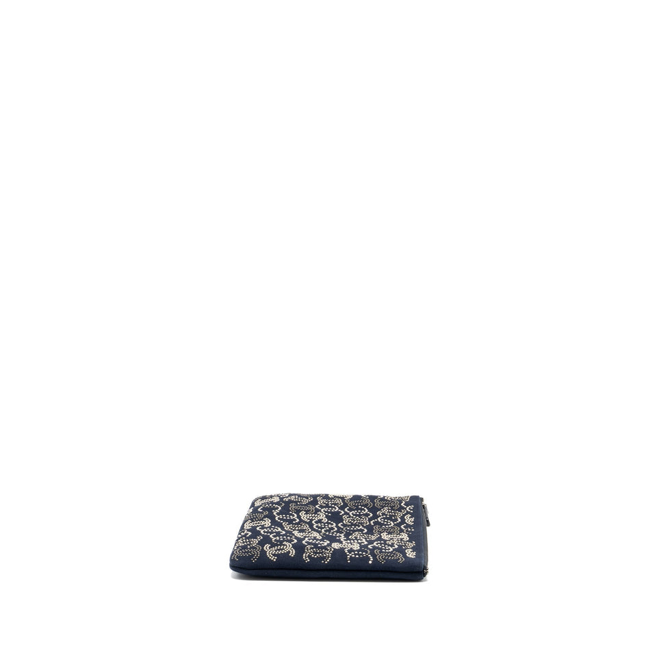 Chanel Double Side Zip Pouch/Zip Clutch Fabric Black Ruthenium Hardware
