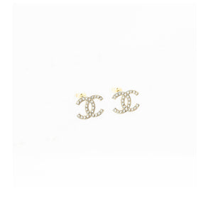 Chanel CC logo earrings light gold tone with crystal