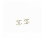Chanel CC logo earrings light gold tone with crystal