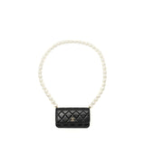 Chanel CC Logo Clutch with Giant Pearl Chain Lambskin Black L