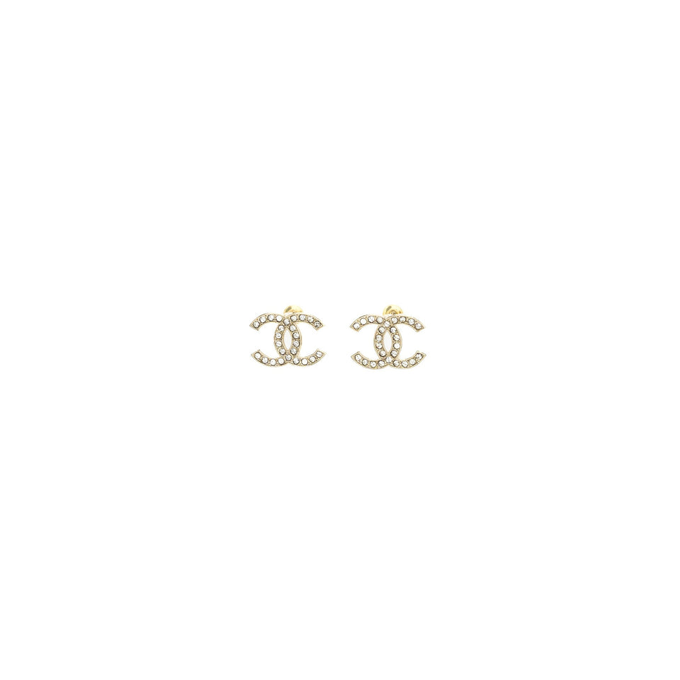 Chanel CC logo earrings light gold tone with crystal