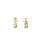 Chanel CC Logo Square Drop Earrings with Crystal Light Gold Tone