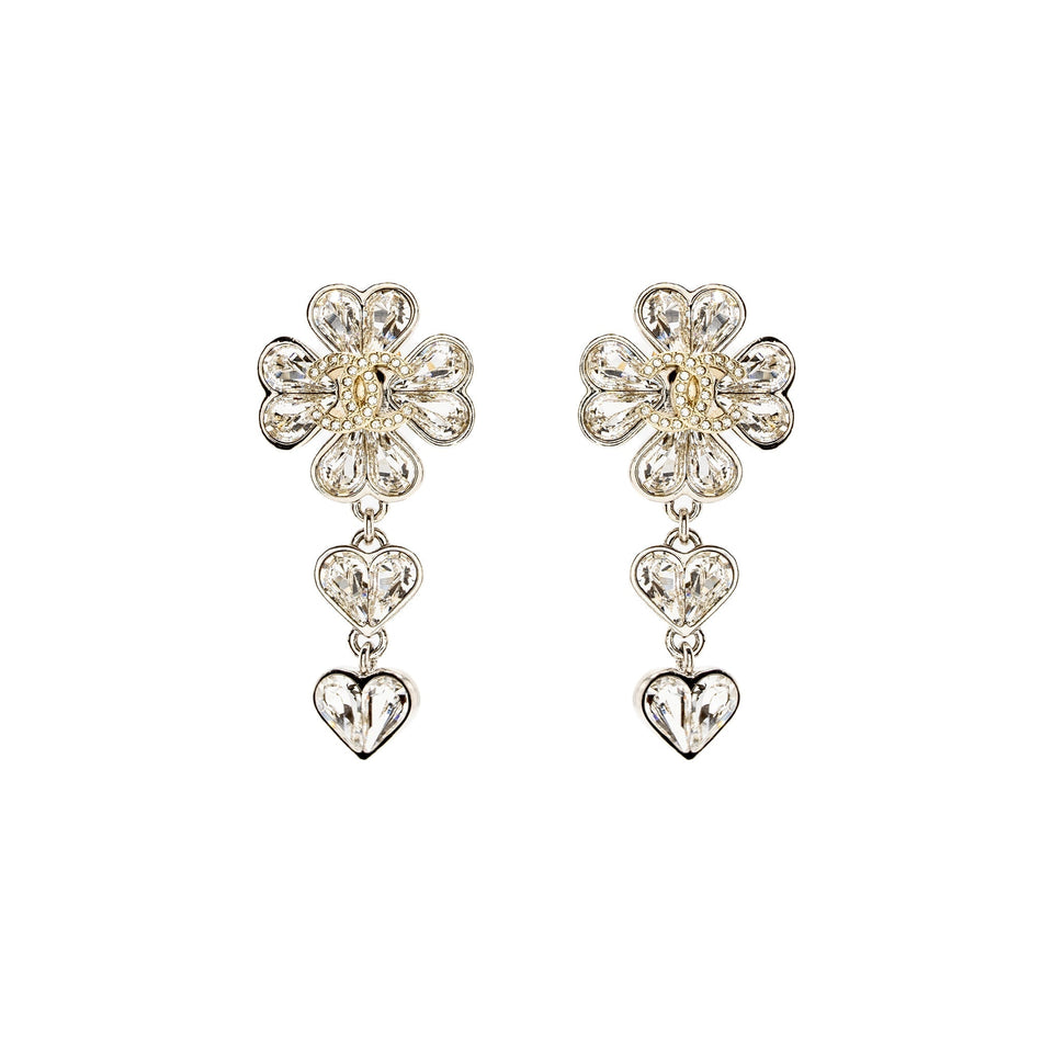 Chanel CC Clover Heart Drop Earrings Crystal Silver Tone