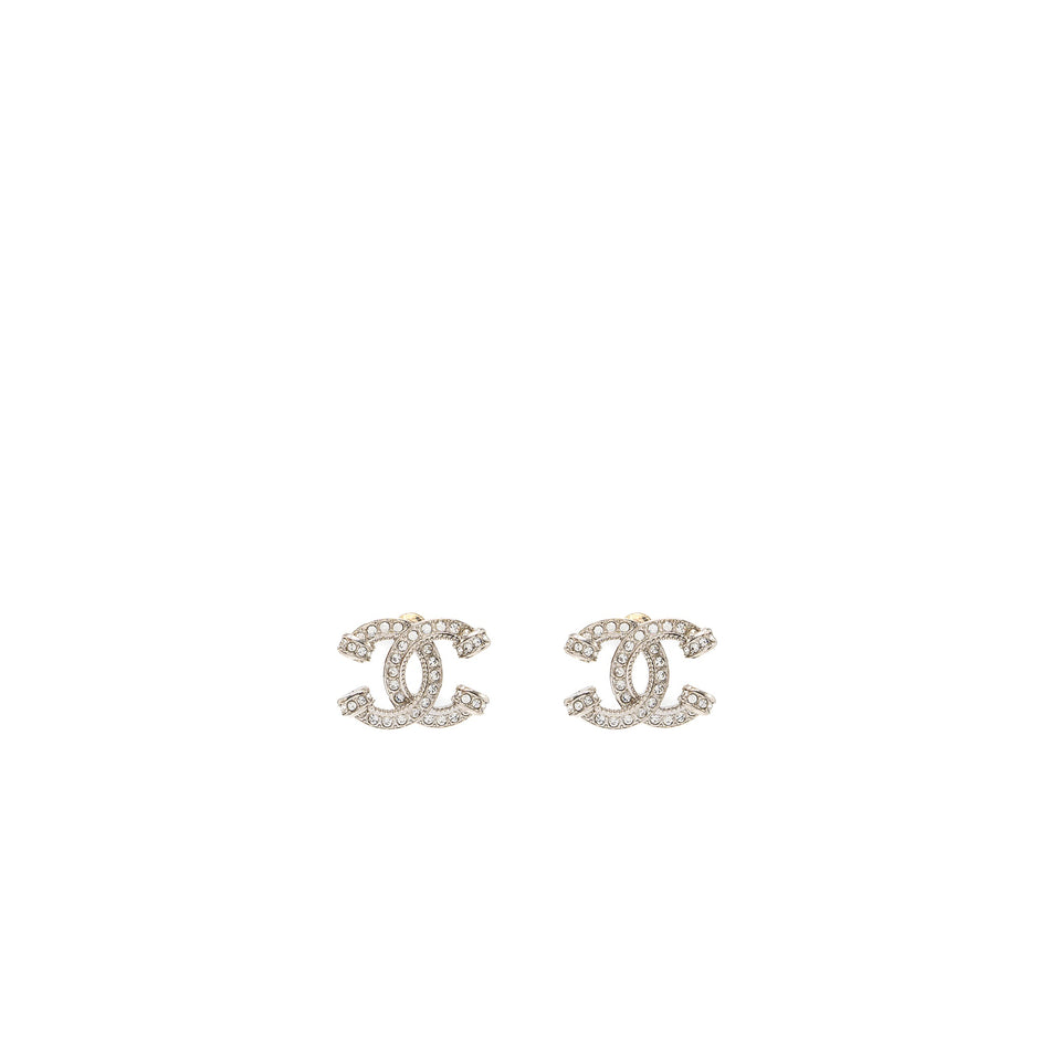 Chanel Knot CC Logo Earrings Crystal Silver Tone