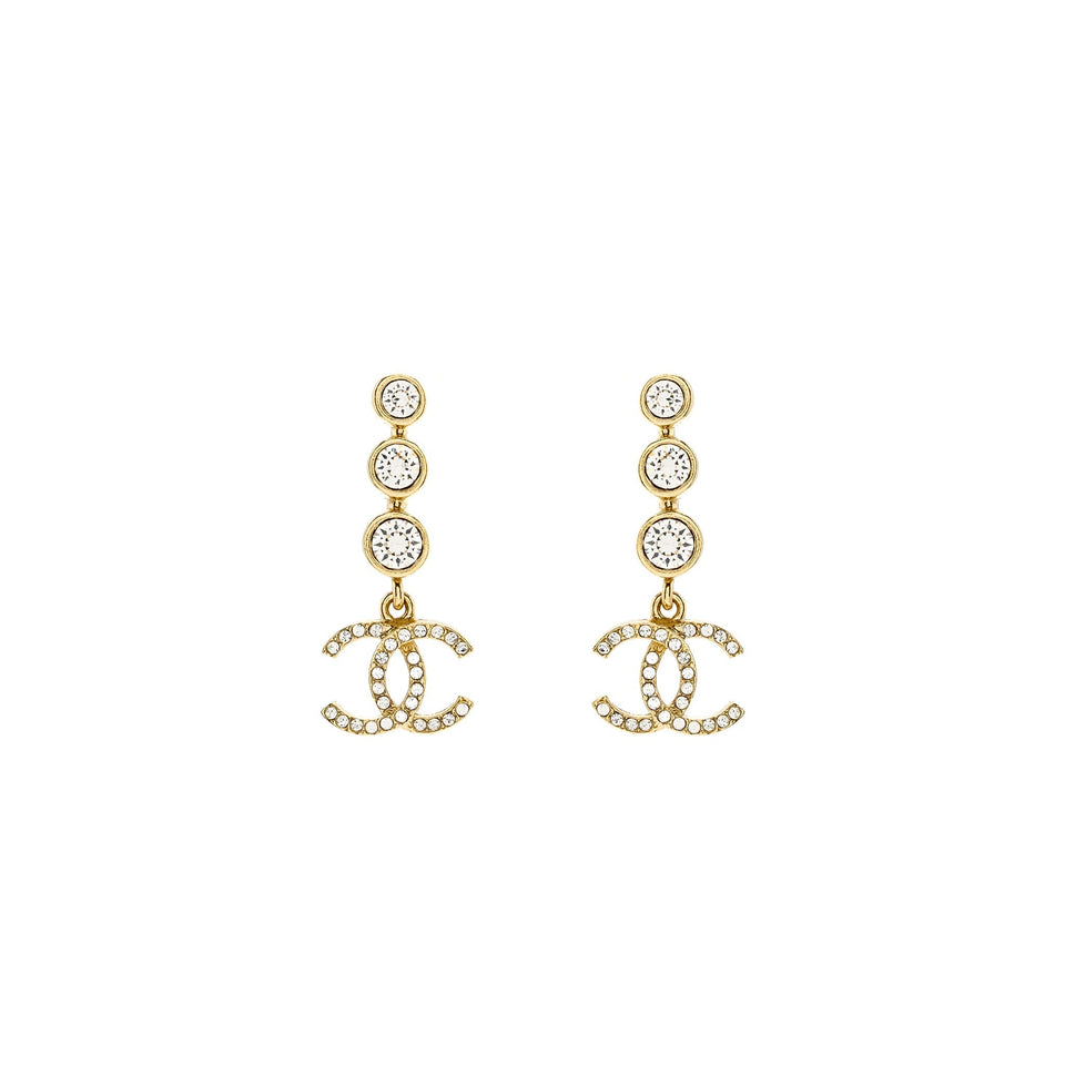 Chanel CC Logo Dropped Earrings Crystal Light Gold Tone