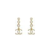Chanel CC Logo Dropped Earrings Crystal Light Gold Tone
