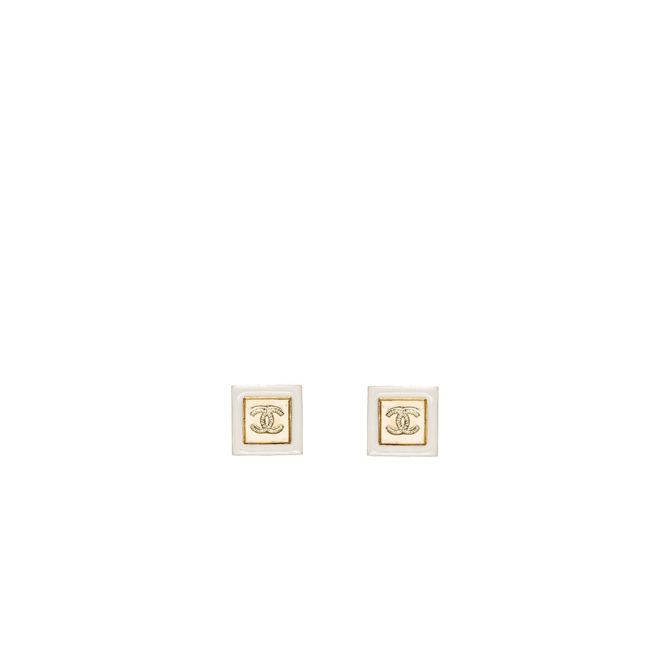 Chanel Square and CC logo earrings white gold tone