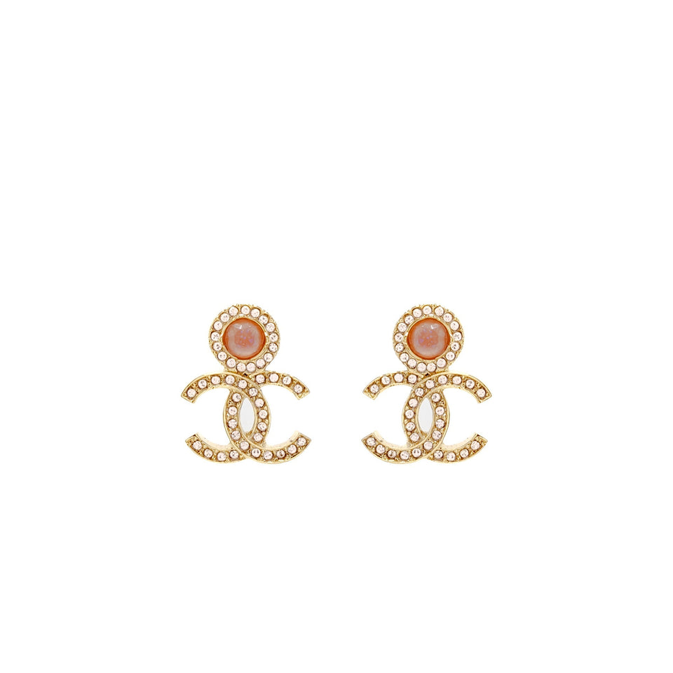 Chanel CC Logo Earrings Pink Crystal Gold Tone
