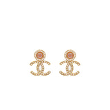 Chanel CC Logo Earrings Pink Crystal Gold Tone