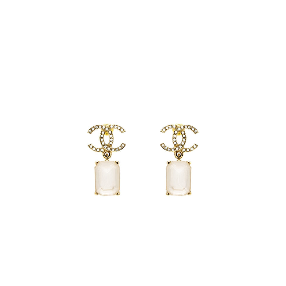 Chanel CC Logo Square Drop Earrings with Crystal Light Gold Tone