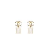 Chanel CC Logo Square Drop Earrings with Crystal Light Gold Tone