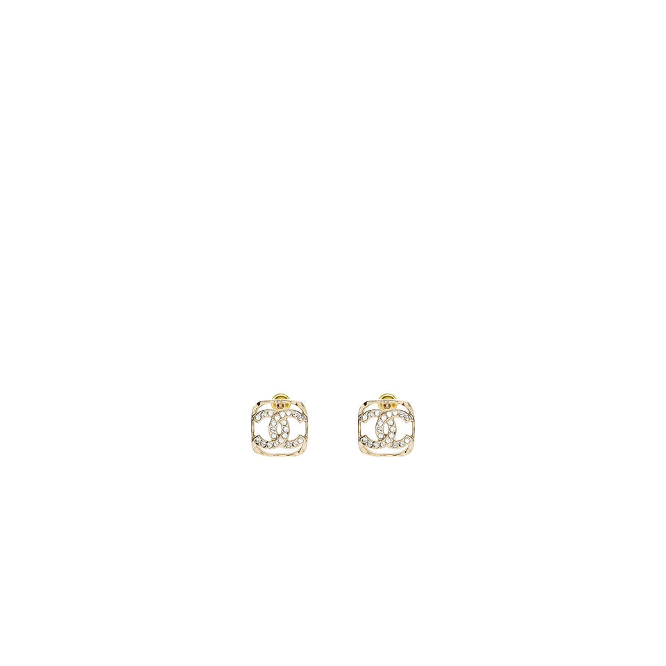 Chanel Square CC Logo Earrings Crystal Light Gold Tone