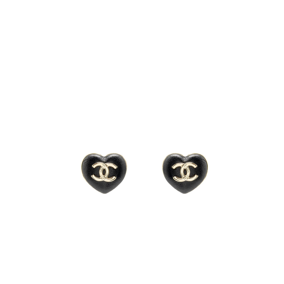 Chanel 22k CC Logo Heart Shape Earrings Lambskin Black L
