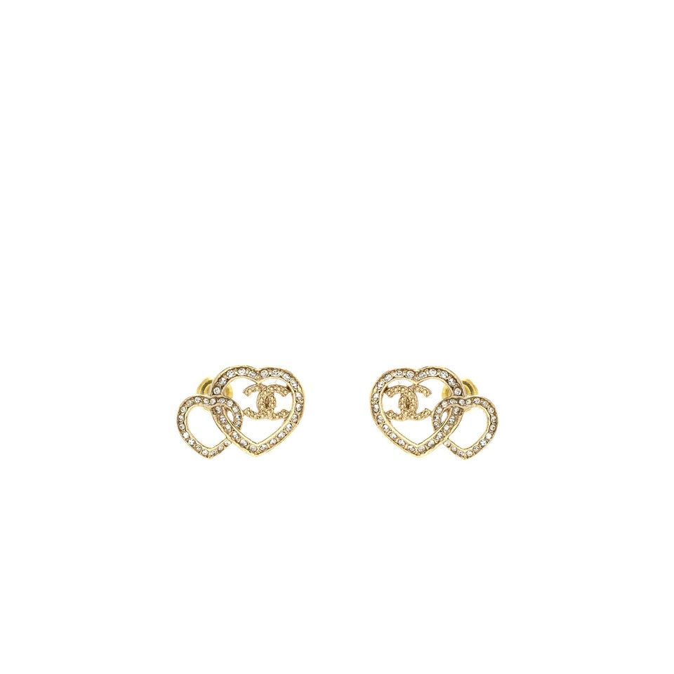 Chanel Double Heart CC Earrings Crystal Light Gold Tone