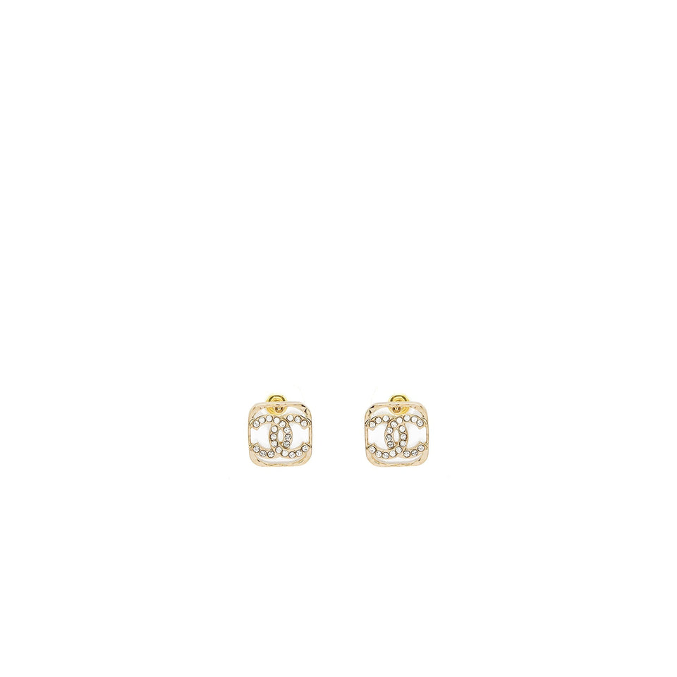 Chanel Square CC Logo Earrings Crystal Light Gold Tone
