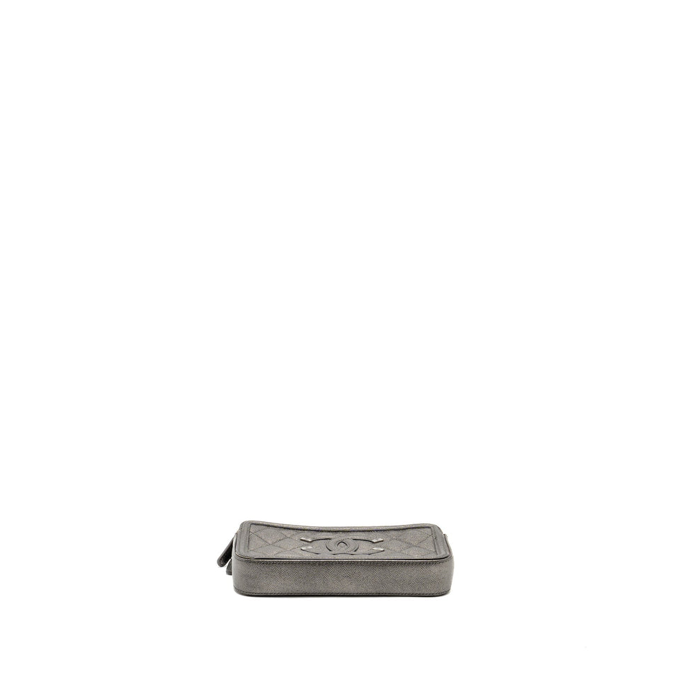 Chanel CC Filigree Double Zip Clutch with Chain Caviar Grey