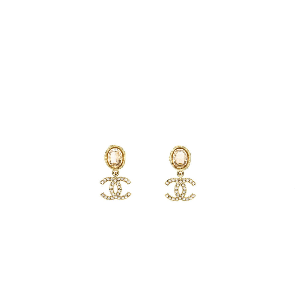 Chanel Pearl CC Logo Drop Earrings Crystal Light Gold Tone