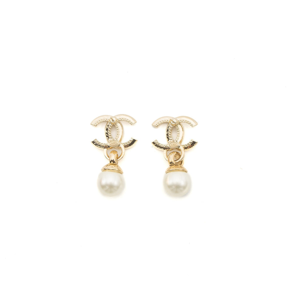 Chanel 22K CC Logo Drop Earrings Crystal/Pearl Light Gold Tone