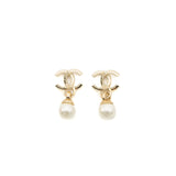 Chanel 22K CC Logo Drop Earrings Crystal/Pearl Light Gold Tone