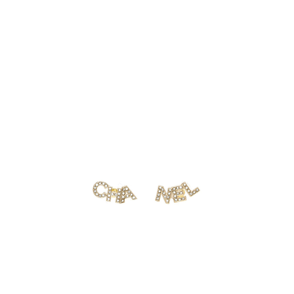Chanel Crystal Letter Logo Earring Light Gold Tone