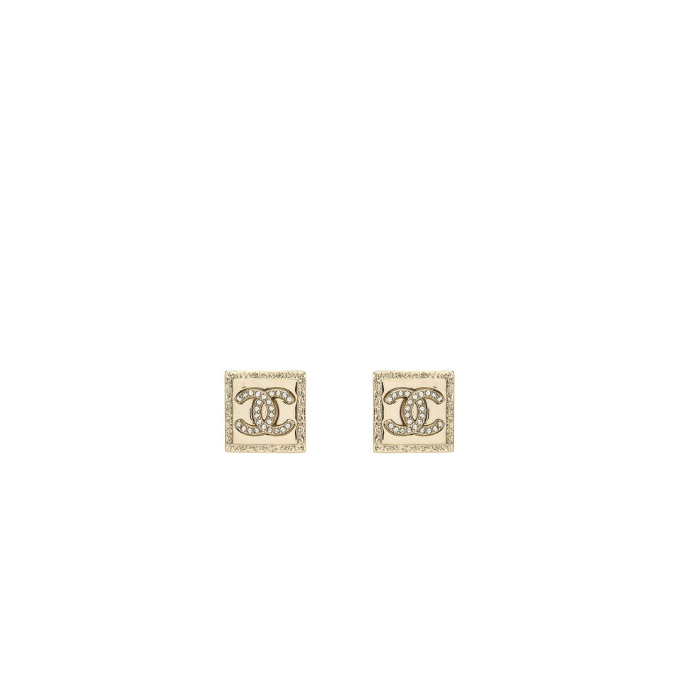 Chanel square CC Logo earring with crystal Light Gold Tone
