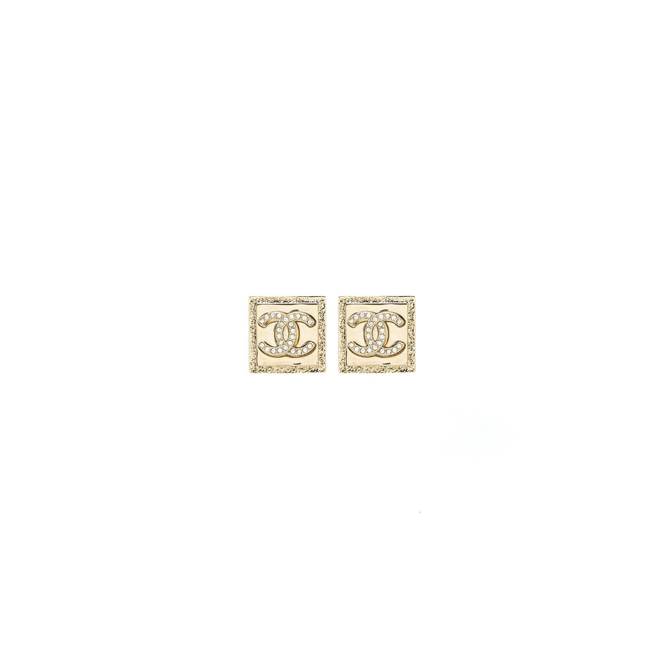 Chanel Square CC logo Earrings Crystal Light Gold Tone