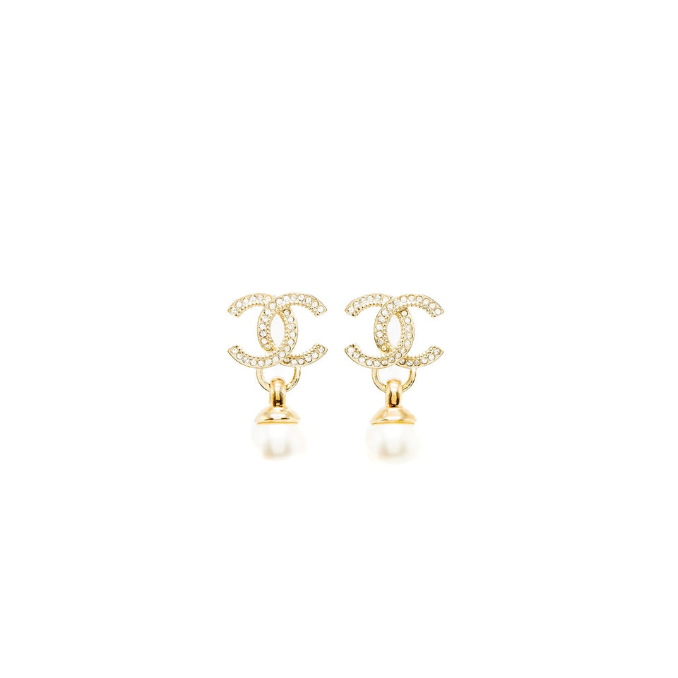 Chanel 22K CC Logo Drop Earrings Crystal/Pearl Light Gold Tone