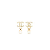 Chanel 22K CC Logo Drop Earrings Crystal/Pearl Light Gold Tone