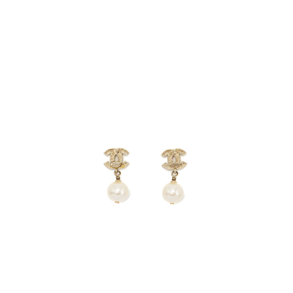 Chanel small model cc logo with pearl drop earrings light gold tone