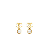 Chanel CC Logo Square Pearl Drop Earrings Gold Tone