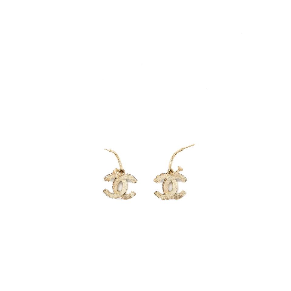 Chanel CC logo drop crystal earrings light gold tone