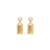 Chanel Pearl Earrings with Signature Tag Drop Gold Tone