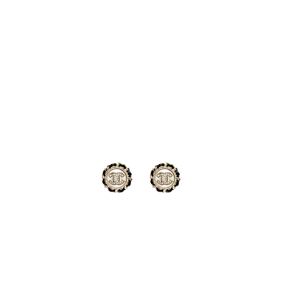 Chanel Round CC Logo Earrings Crystal/ Leather L