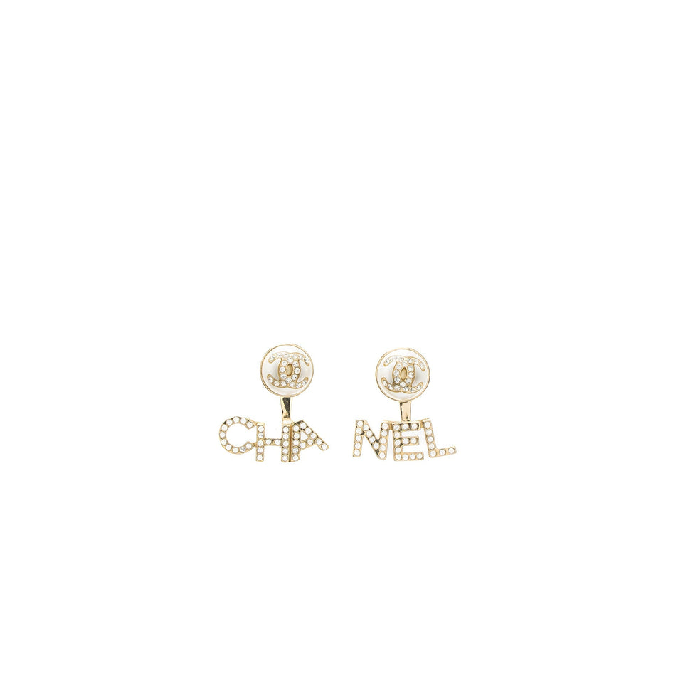 Chanel Letter/CC Logo Earrings Crystal/Pearl Light Gold Tone