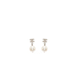 Chanel CC Logo Pearl Dropped Earrings Silver Tone
