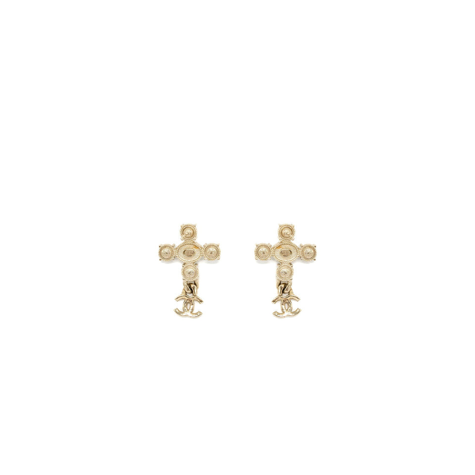 Chanel Cross earrings with CC Logo dropped, Crystal/ pearl Gold Tone