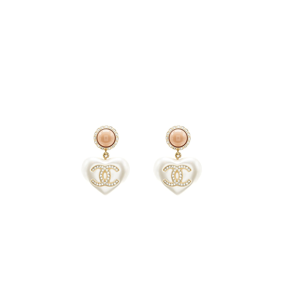 Chanel giant cc logo heart earrings crystal/pearl light gold tone