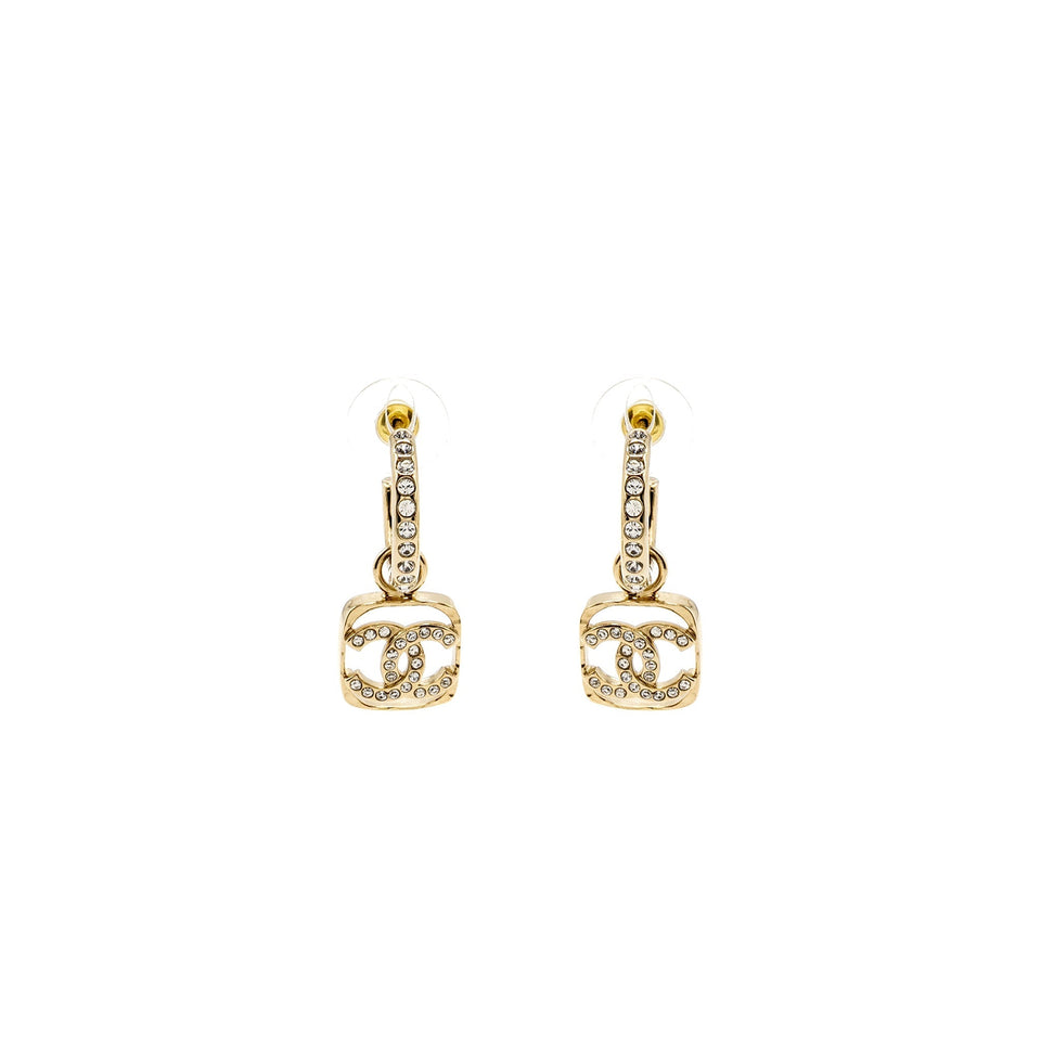 Chanel Square CC Logo Dropped Earrings Crystal Light Gold Tone