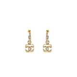 Chanel Square CC Logo Dropped Earrings Crystal Light Gold Tone