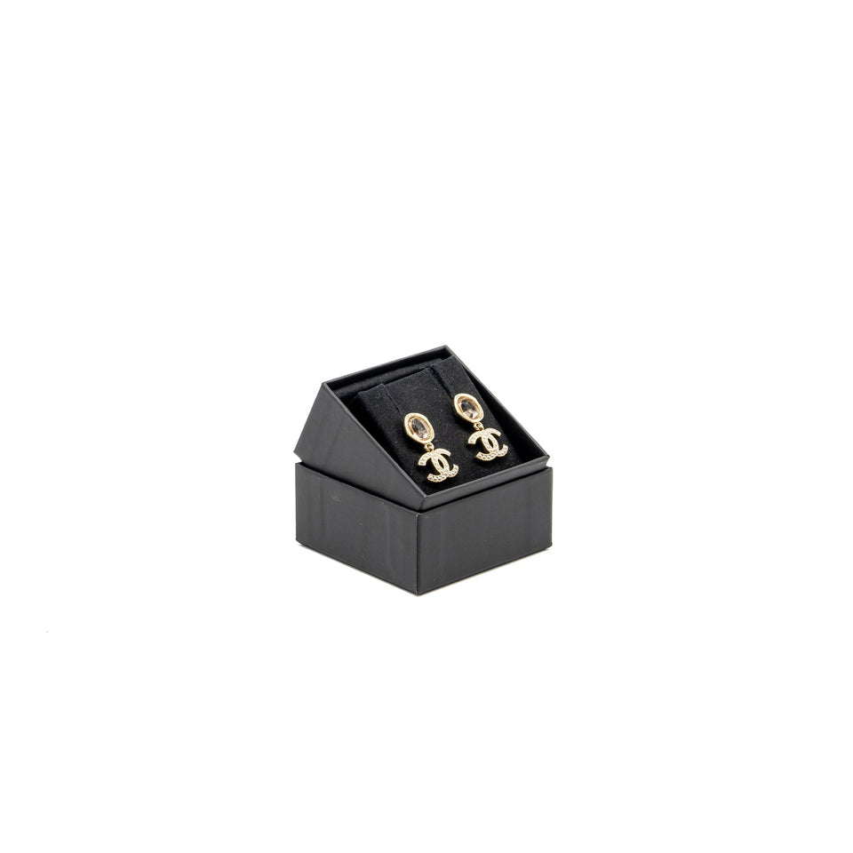 Chanel Pearl CC Logo Drop Earrings Crystal Light Gold Tone