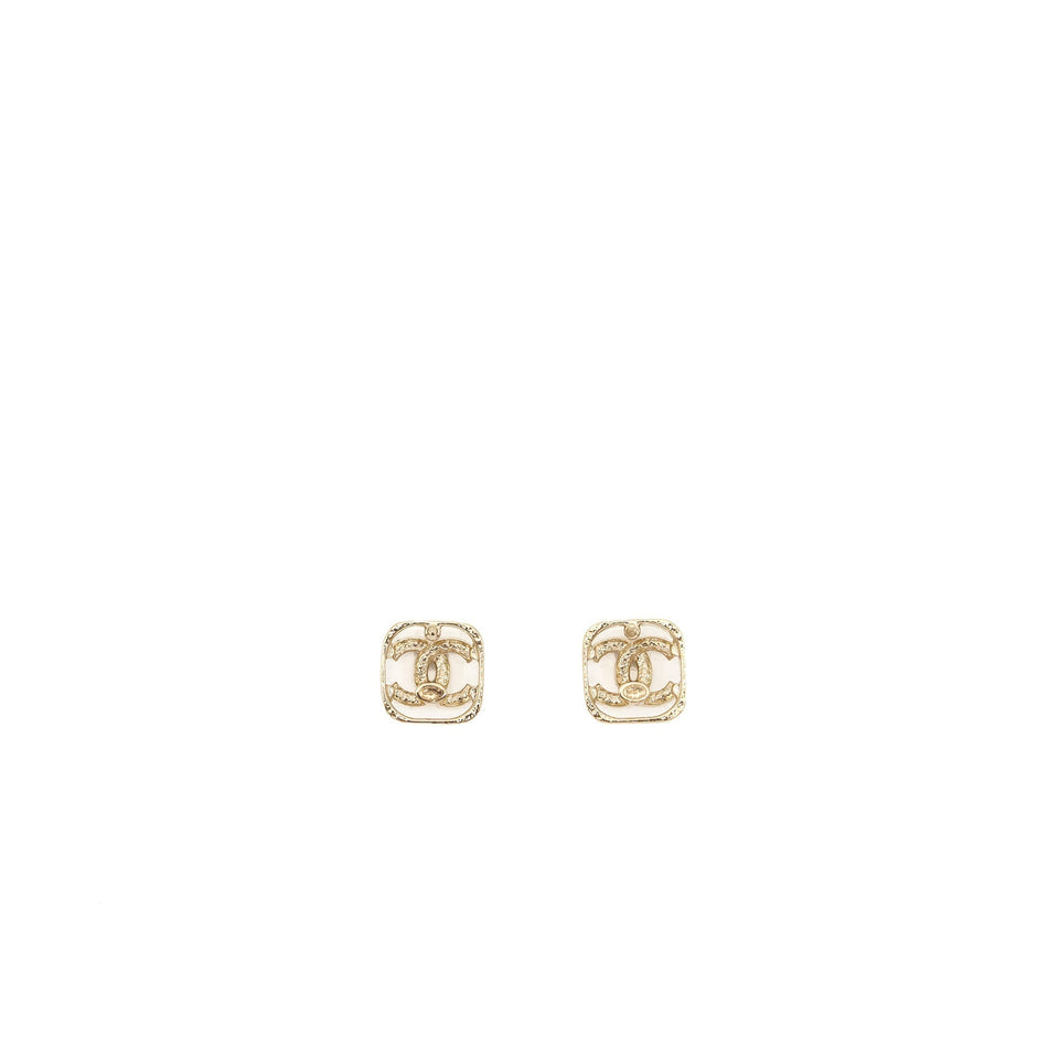 Chanel Square CC Logo Earrings Crystal Light Gold Tone