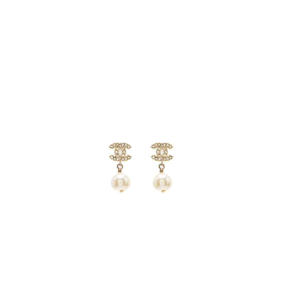 Chanel small model cc logo with pearl drop earrings light gold tone