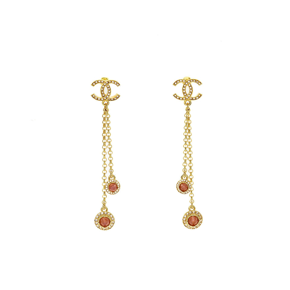 Chanel Dropped Earrings CC Logo Crystal Gold Tone