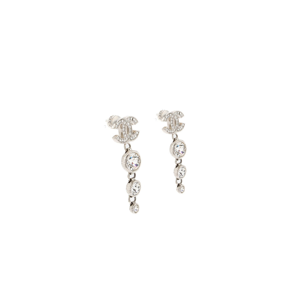 Chanel CC Logo Crystal Drop Earring Silver Tone