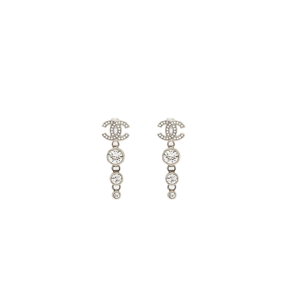 Chanel CC Logo Crystal Drop Earring Silver Tone