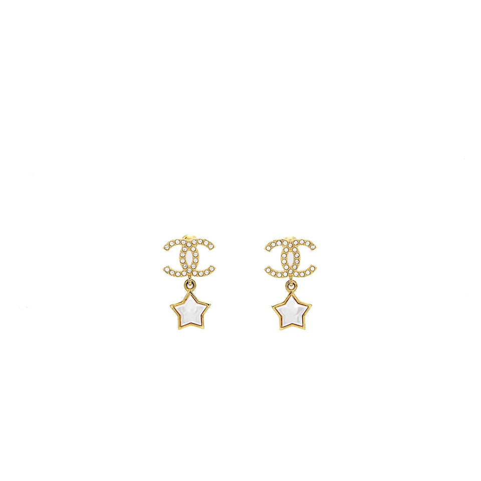 Chanel CC Logo Star Dropped earrings Pearl/Crystal/Gold Tone